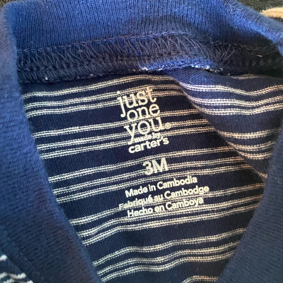 3 Month BabyBoy Outfit Tan overalls with navy anchors + blue/white stripe shirt - Picture 4 of 5